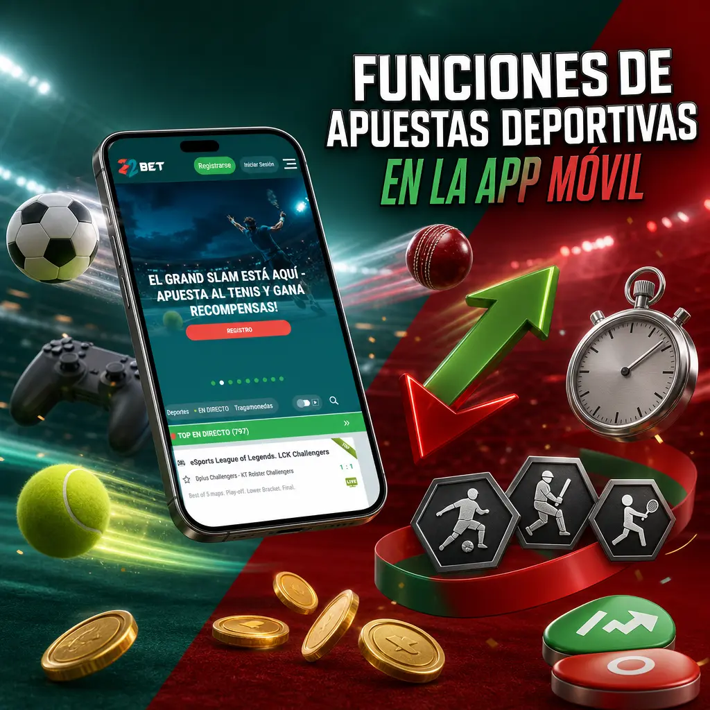 App móvil de 22Bet con más de 30 deportes, mercados prematch y en vivo, Cash Out y cuotas actualizadas al instante.
