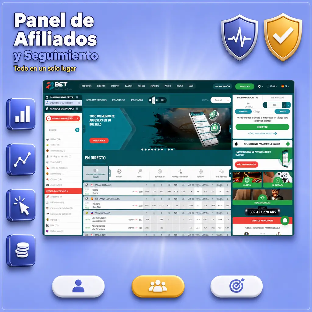Panel de afiliados con estadísticas de clics, registros, depósitos y comisiones por enlace, filtrables y exportables en CSV