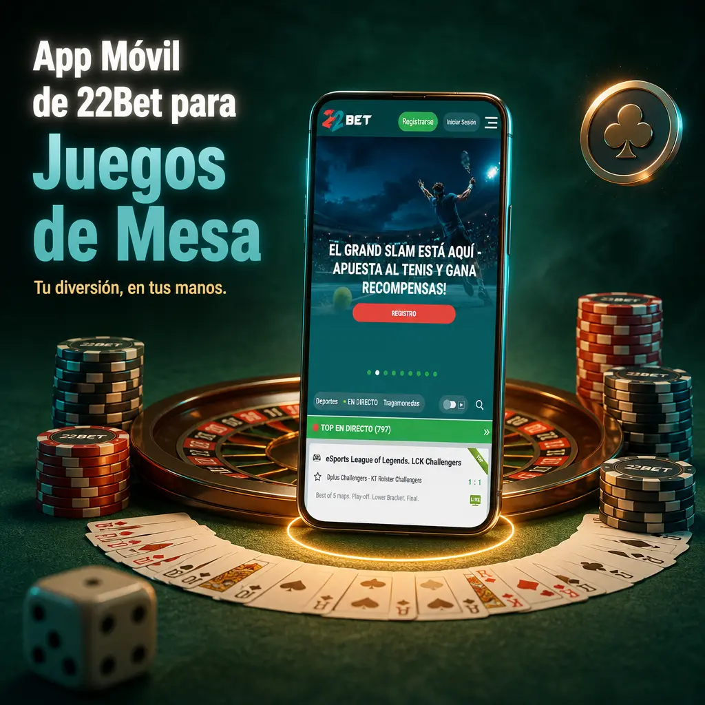 App móvil de 22Bet con ruleta, blackjack y baccarat, disponible en APK para Android y versión web para iOS.