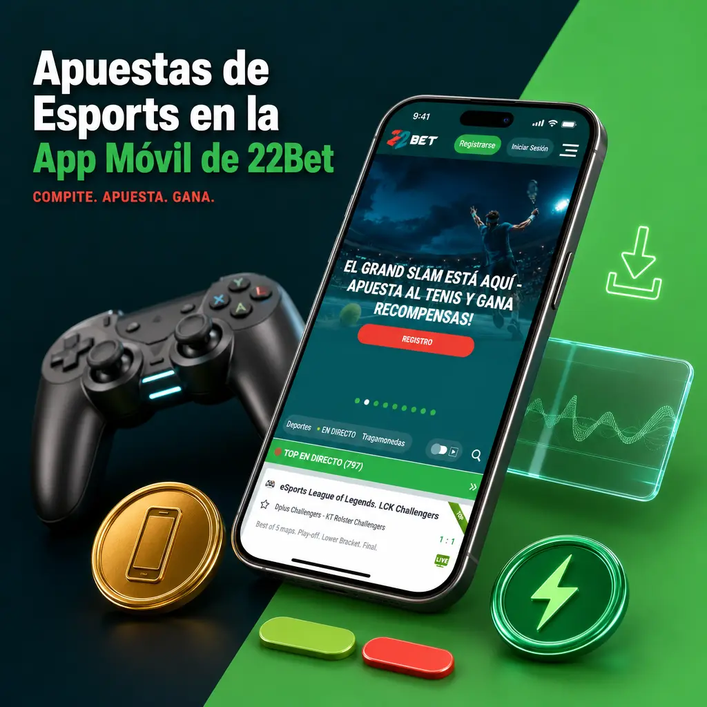Apuestas de Esports en vivo desde la app móvil de 22Bet, con cuotas en tiempo real y streaming de CS2, Dota 2 y League of Legends
