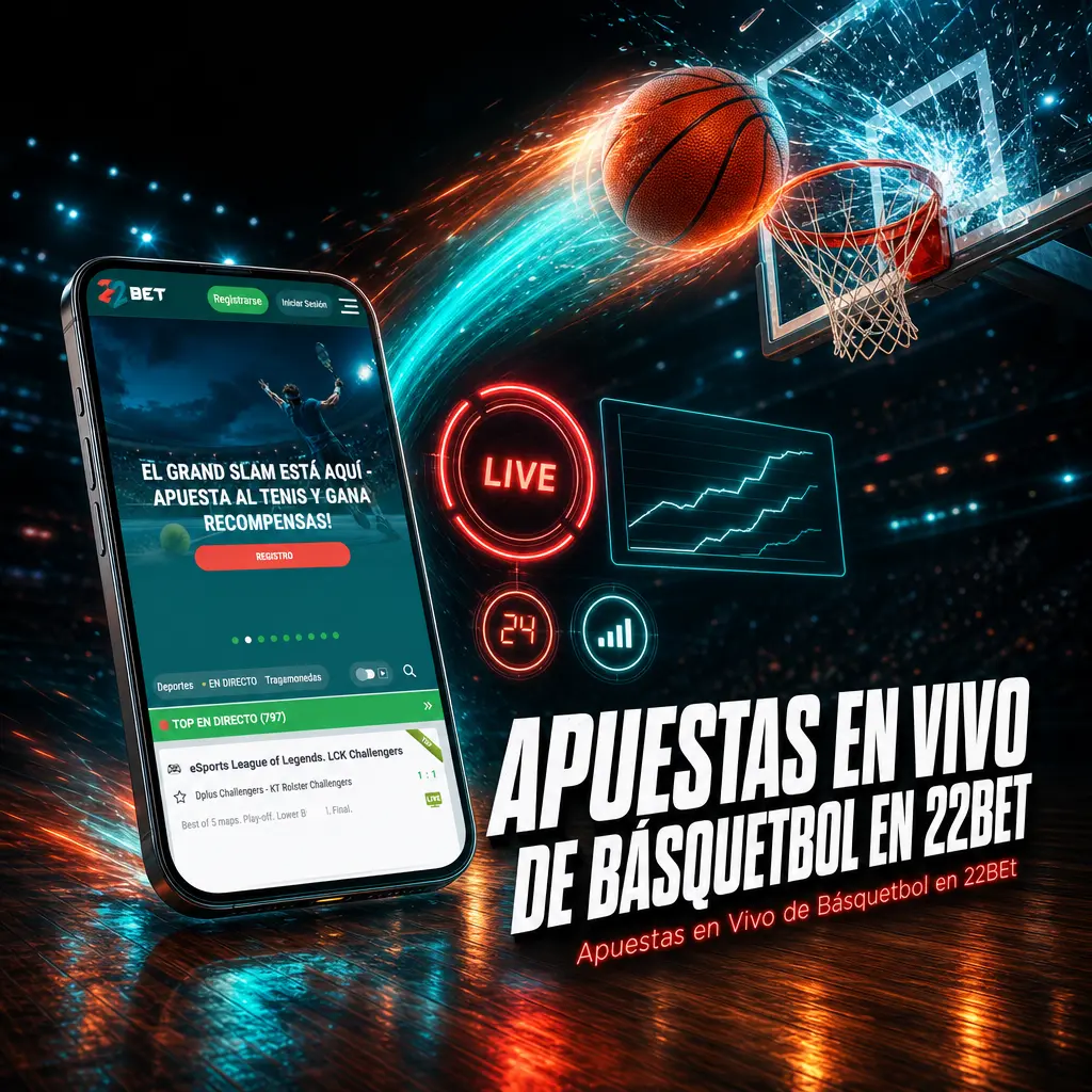 Tracker en vivo de básquetbol en 22Bet con marcador, cuotas actualizadas y opción de cash out visible en el ticket.