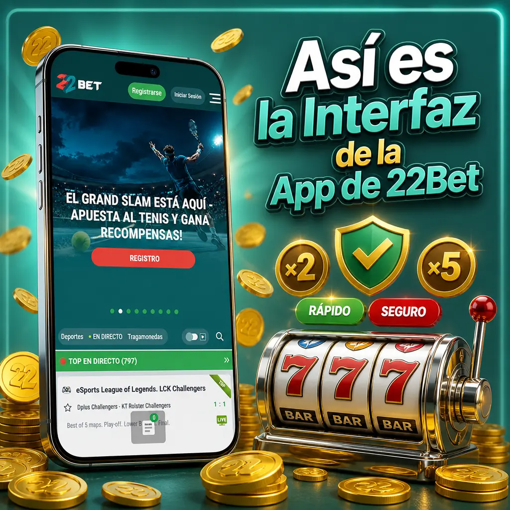 Interfaz de la app de 22Bet con menú inferior: Sportsbook, Casino, Casino en Vivo y Perfil