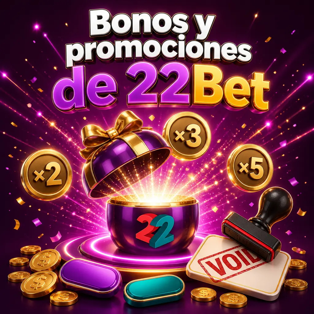 Bonos y promociones de 22Bet: bono de bienvenida del 100% y requisitos de rollover en apuestas deportivas y casino.