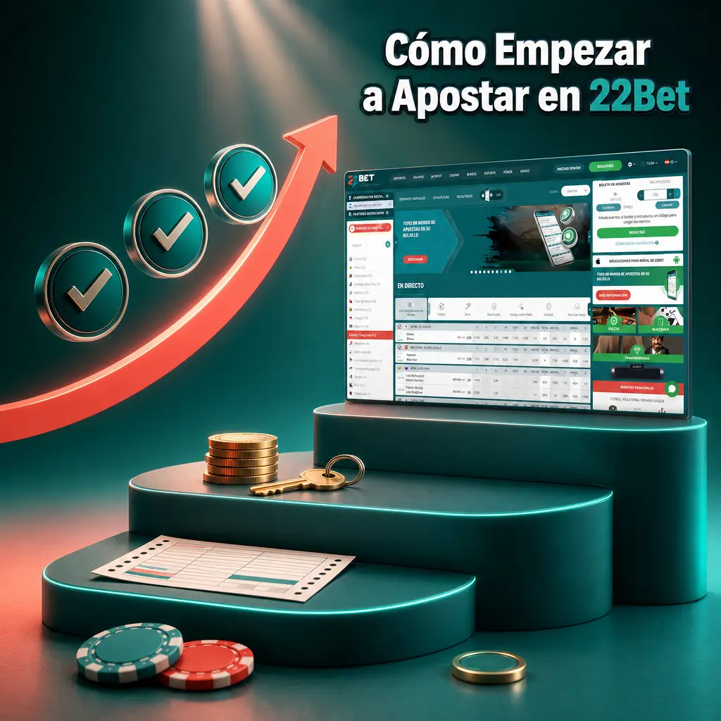 Pasos para registrarte y apostar en 22Bet: creá tu cuenta, verificá tu DNI, depositá y confirmá tu cupón de apuesta.