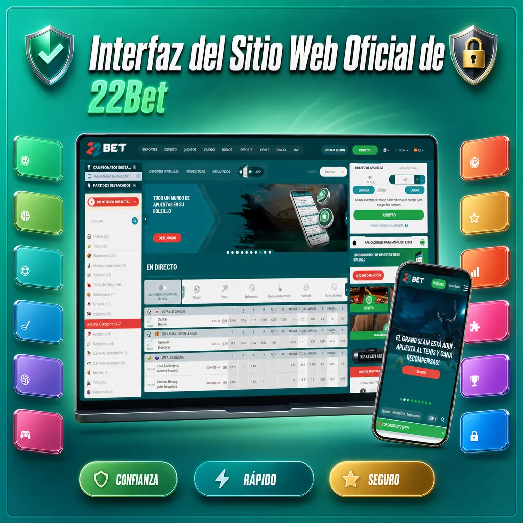 Interfaz del sitio web oficial de 22Bet con menú de Deportes, En vivo, Casino y Promociones en pantalla principal