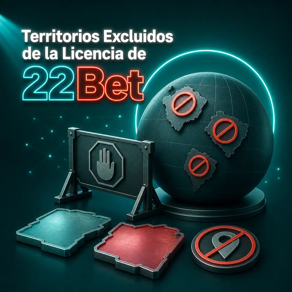 Mapa de territorios excluidos de la licencia de Curazao de 22Bet, incluyendo países restringidos para registro y acceso.